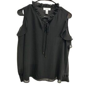 Calvin Klein Womens Black Ruffled Cold Shoulder Blouse With Tie Neck Size Small